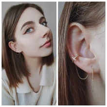 17KM-pendientes de borlas con Clip para mujer, aretes de línea larga dorados, Circonia cúbica, Cruz en la oreja, Clip, regalo de joyería 2021