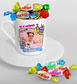 

Personalized Photo Birthday Turkish coffee Cup and Haribo Candy Gift Seti-3