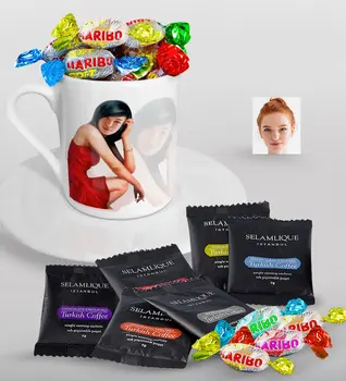 

Personalized Women 'S Abstract Watercolor Design Turkish coffee Cup Selamlique Mixed Turkish Coffee House and Haribo Candy Gift Seti-2