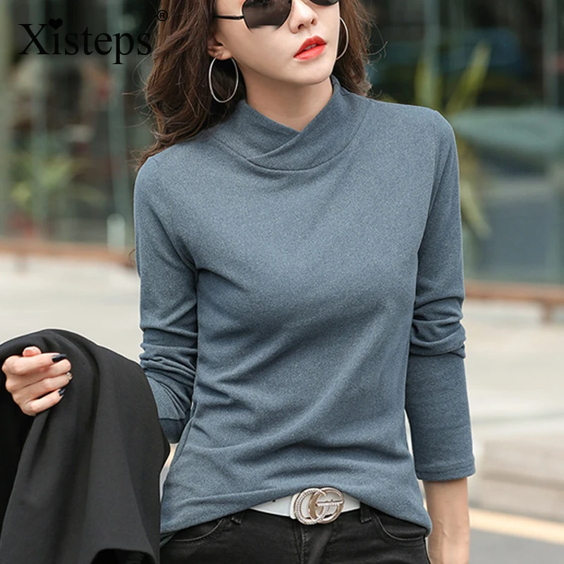 

Xisteps Half Turtleneck Women Warm Velvet T Shirt Solid Basic Slim Fit 2020 Autumn Female Pull Green Caffee Sweatshirt Long Top