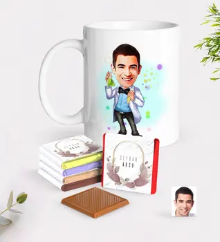 

Personalized Men 'S Chemistry Teacher Caricature Of White mug And Chocolate Gift Seti-3