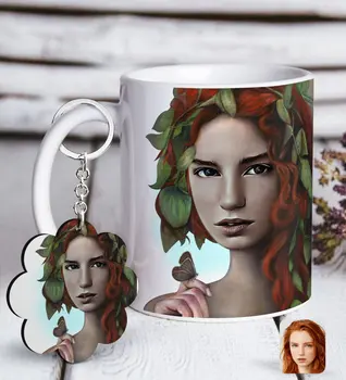 

Personalized Women 'S Oil Painting Artistic Portrait Design White Mug and Keychain Gift Seti-1