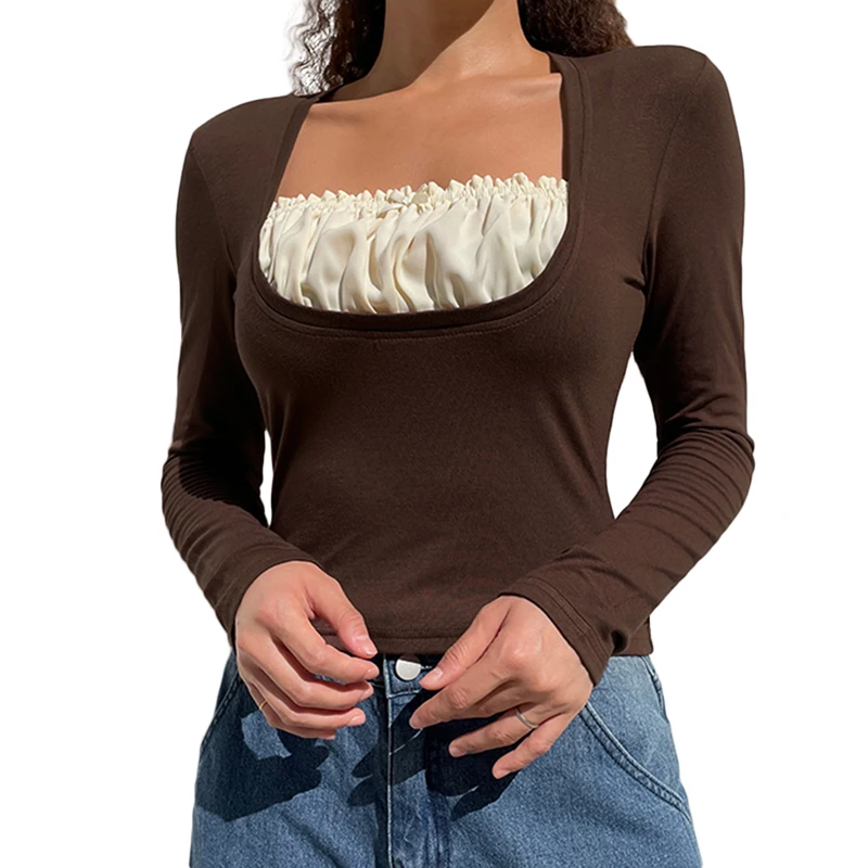 Korean Cute Y2K Retro Cotton Tops Lace Patchwork Buttons Kawaii Tshirts Autumn Square Collar Chic Casual Shirts
