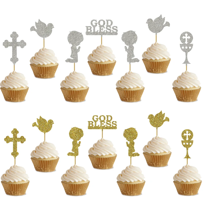 Gold Silver First Communion and Baptism Cupcake Topper Kids Prayer God Bless Communion Mascot Pigeon Cross Cupcake Topper 2 set,cake topper,cake toppers