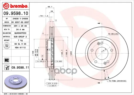 Диск Тормозной Передн Hyundai: Santa Fe 01- Brembo арт. 09.9598.10