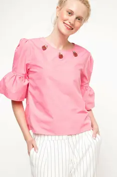 

DeFacto Woman Short Sleeve Cute Fruit Decors Blouse Women Autumn White Pink Blouse Lady Half-sleeve Tops-I0893AZ17AU