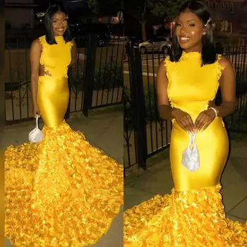 

Yellow Long Mermaid Prom Dress African Lace Appliques 3D Flowers Plus Size Women Formal Evening Dresses Vestidos Party Gowns