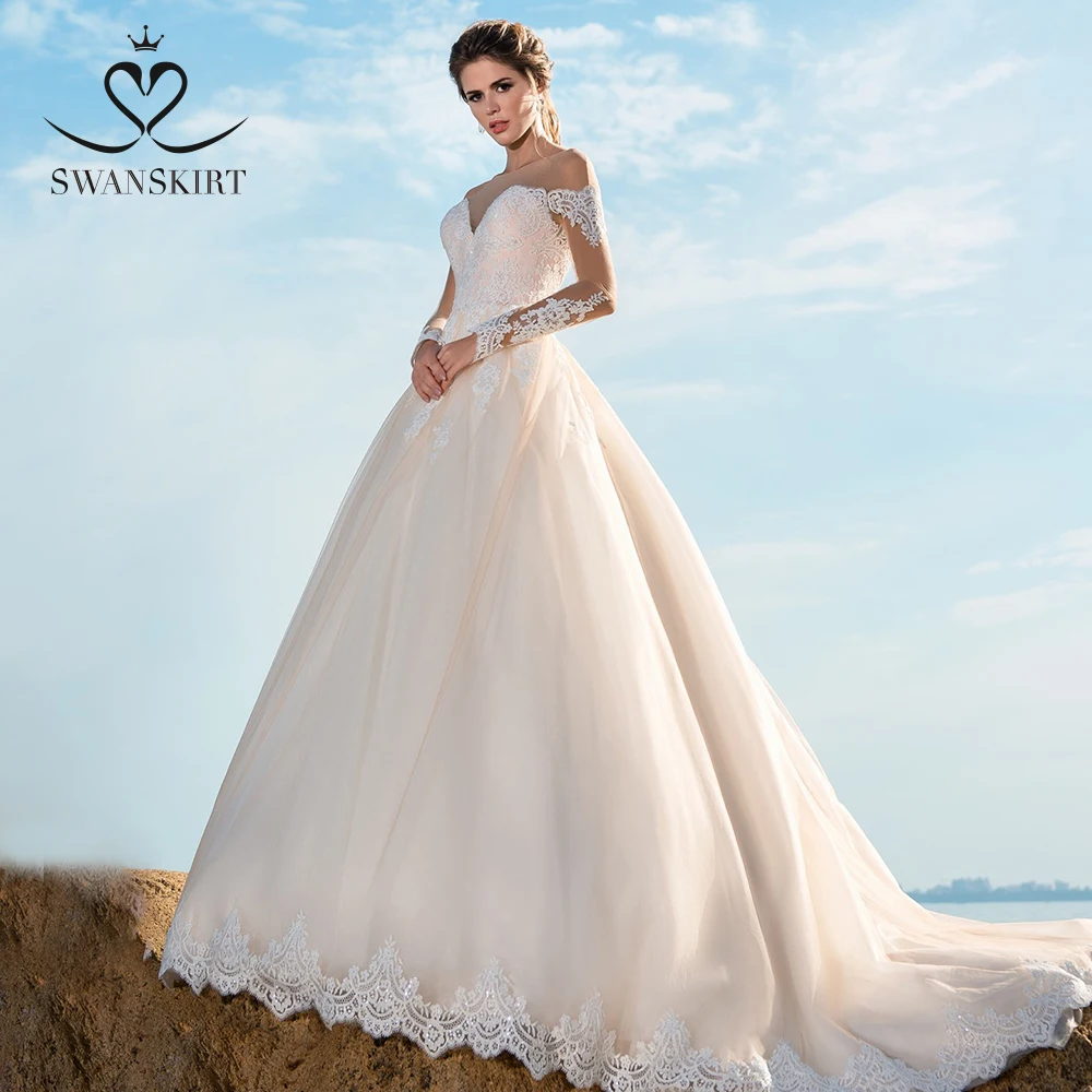 Свадебное платье с длинными рукавами свадебное платье 2019 Swanskirt Элегантные аппликации из бисера ТРАПЕЦИЕВИДНОЕ свадебное платье принцессы