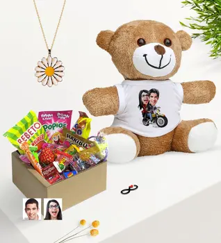

Personalized Valentine Caricature Of Nostalgic Lezzetler Plush Teddy Bear Daisy Necklace Gift set-17 with