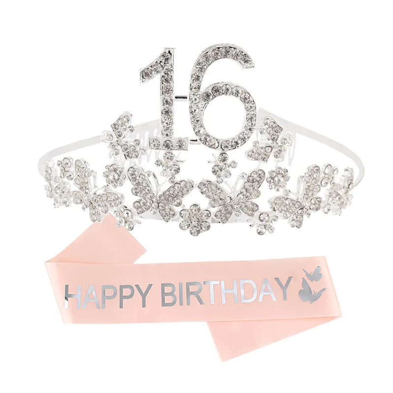 10th 13th 16th 18th 21st Birthday Sash and Crown for Girl Silver Crystal Tiara and Satin Sash Birthday Party Decoration Supplies