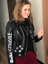 Jacket Punk Biker-Coat Rivets Leather Short Letters-Print Motorcycle Women Outwear Ailegogo