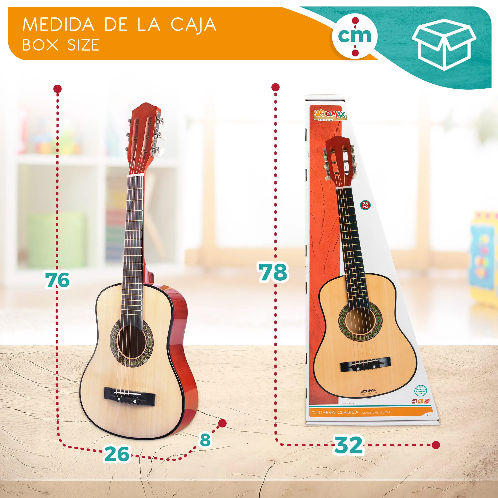 Wooden guitar for kids WOOMAX, wooden guitar toy, Spanish