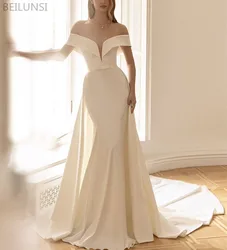 Detachable Train Vestido De Noiva Satin Wedding Dresses 2022 Mermaid Off Shoulder Cheap Simple Wedding Gown Bridal Dress