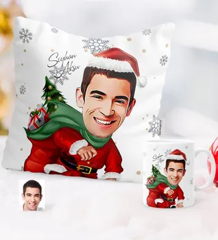 

Personalized Christmas Themed Bay Caricature Of Pillow Mug set-4