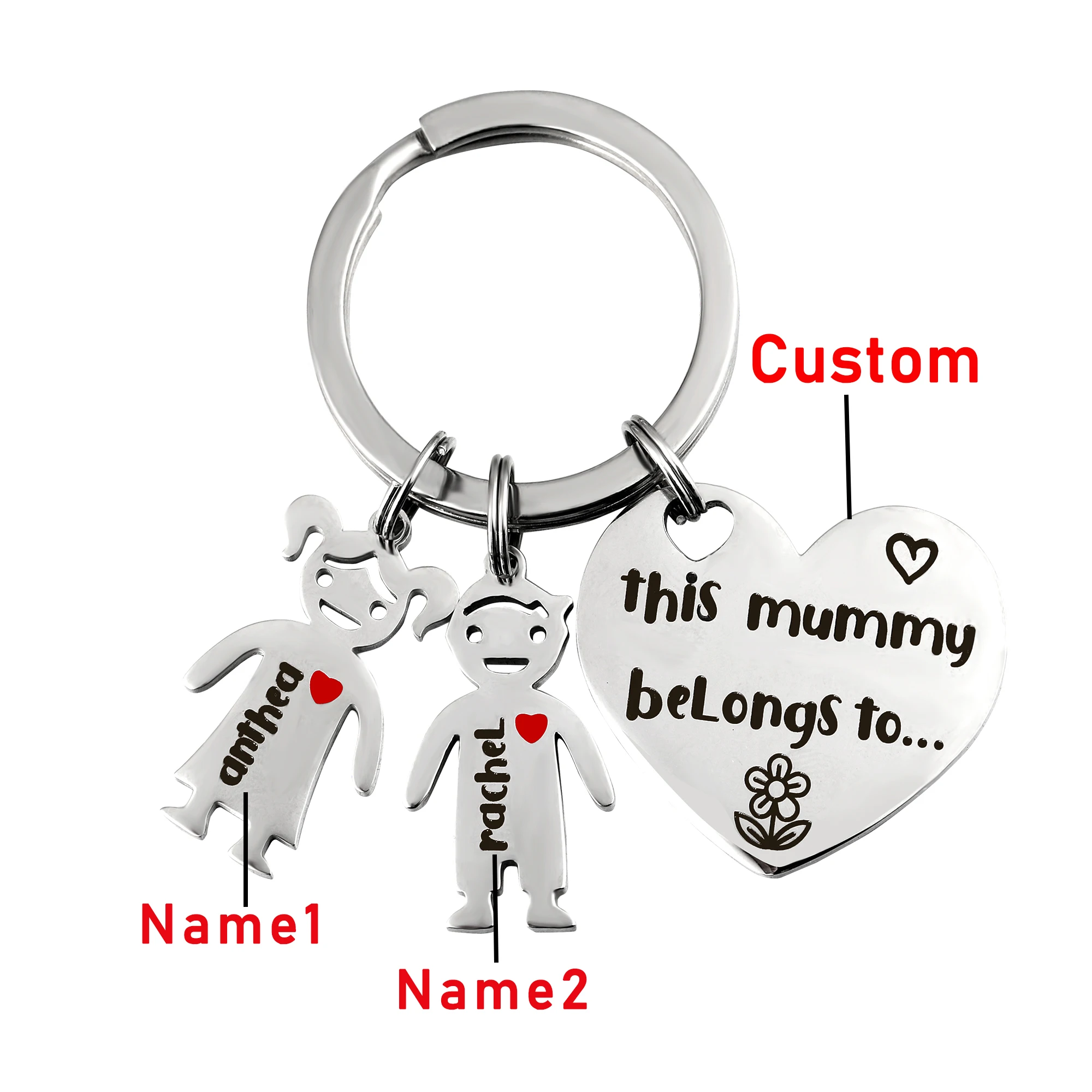 

Custom text Stainless Steel Engraved Name doll Keychain For Girl Boy Mom Nameplate ID Family heart Keyring Kids Mother Gifts