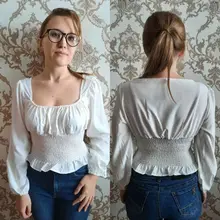 Short Blouses Womens Tops Long-Sleeve Vintage Square-Collar Casual Simple New Bow Solid