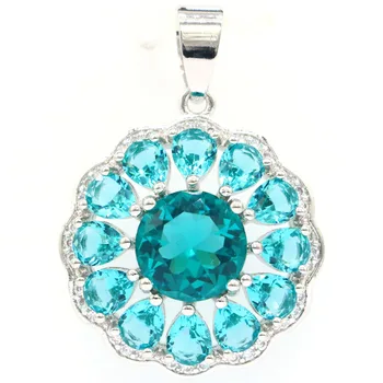 

33x23mm Fancy Round Blue For Woman's Created Aquamarine CZ Woman's Gift Silver Pendant