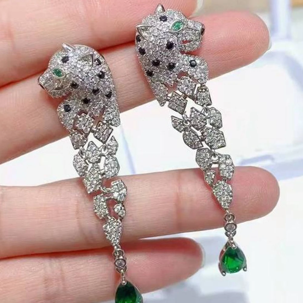 Leopard Long Dangle Earring Panther Earrings with Green Emerald Color AAA+ Zircon Stone 925 Silver Ear Pin Jewelry For Women