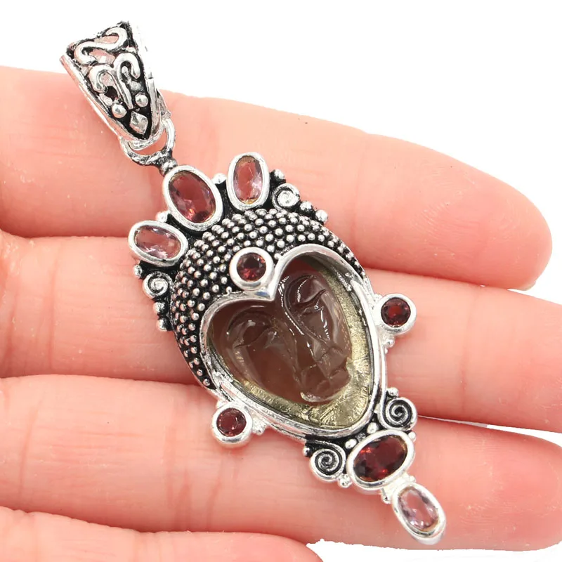 

64x25mm 12.3g Egypt Goddess Smokey Quartz Face Created Amethyst Gift For Sister Silver Pendant