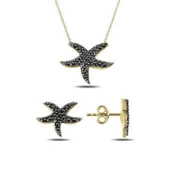

Angemiel 925 Silver Black Zircon Stone Sea Star Set-Gold Plated