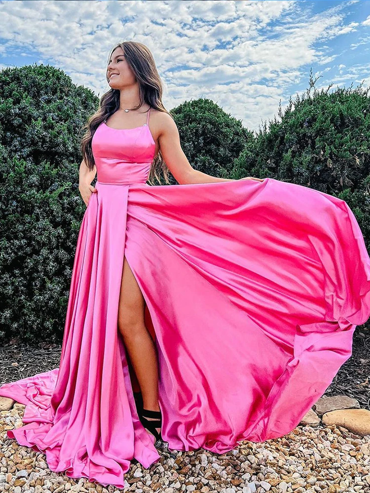 plus size prom & dance dresses A-Line Hot Pink Prom Dress Side Split Evening Dress Sleeveless O-Neck A-LINE Formal Party Dress 2022 red prom dress