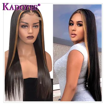 

Natural Black With Highlight Blond Brown Wig T Part Front Lace Wig Straight Human Hair Preplucked Bleached Knots For Black Women