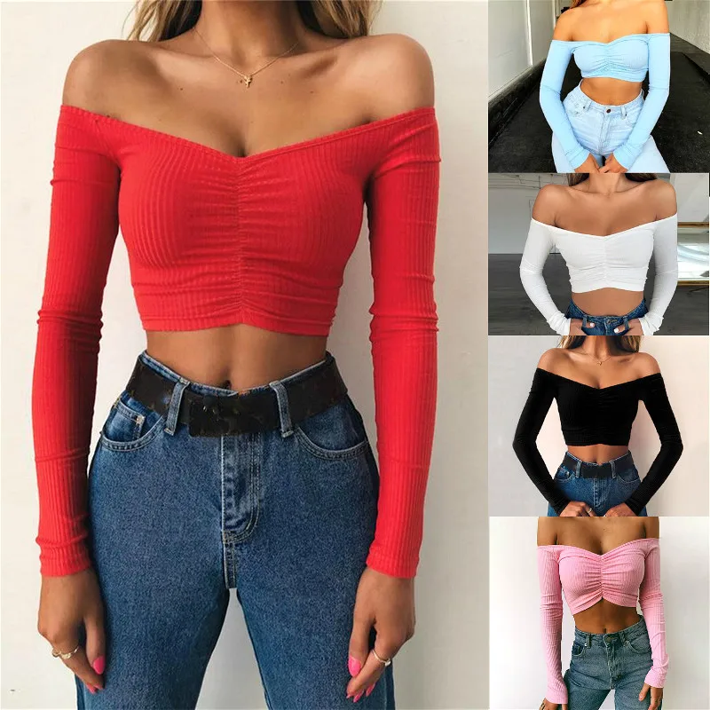 Blusa de manga larga con cuello cruzado para verano y otoño, camisa Sexy con hombros descubiertos para mujer, 2020