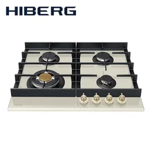 Встраиваемая панель с газ-контролем HIBERG VM 6044 RY, бежевое закаленное стекло, мощные чугунные решетки, ручки Рустик, WOK кон