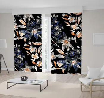 

Curtain Lilies Flowers with Leaves Floral Pattern Luxurious Design Artwork Beige Blue Black