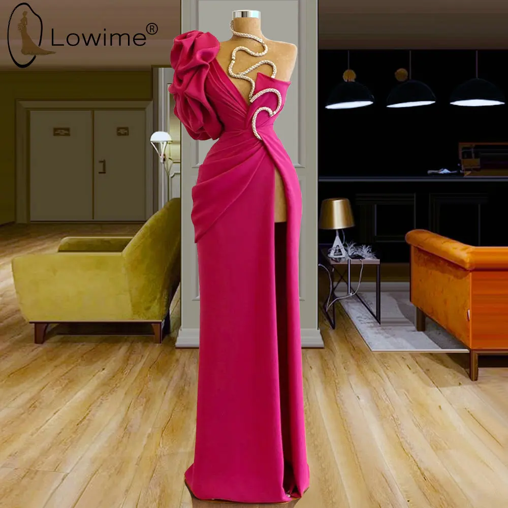 

Simple Rose Red Mermaid Evening Dresses 2020 One Shoulder Sexy High Split Floor Length Formal Prom Party Dress