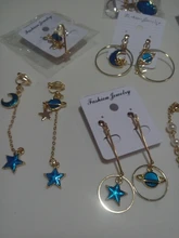 Pendientes asimétricos de círculo azul esmaltado para mujer, de estilo coreano, estrella, Luna, planeta, no perforados, regalo de fiesta
