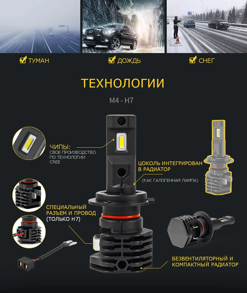 Vizant m4 цоколь h4 с чипом cree tech 4500lm 5000k