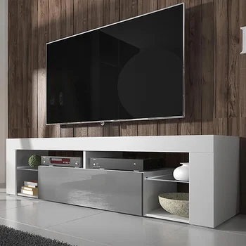 

SELSEY BIANKO – Modern TV lowdoard/TV Cabinet (140cm, white mat /gloss grey front panel - without LED)