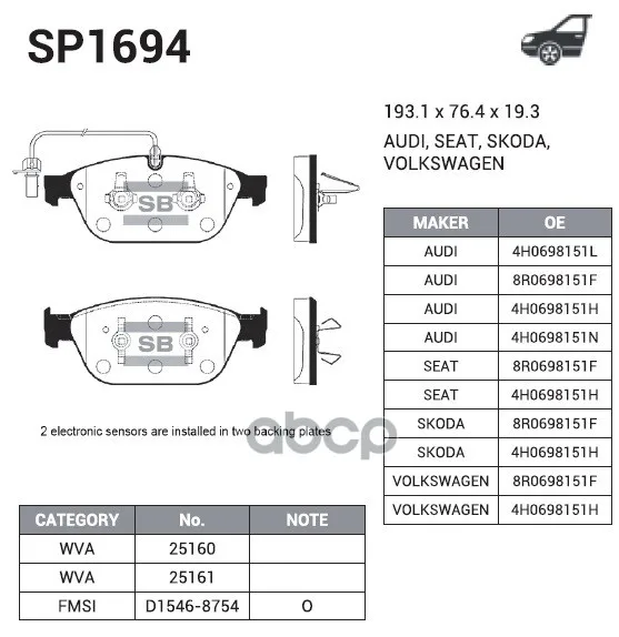 Колодки Тормозные Audi A8 3.0-4.2(1lj) 09- Передние Sangsin Brake Sp1694 Sangsin brake арт. SP1694