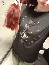 Women's T-Shirts Short-Sleeve Embroidery Black Top White Fashion-Star Korean Casual O-Neck