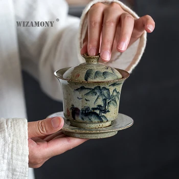 

1PCS WIZAMONY Small Blue and white Gaiwan Chinese Ancient Glaze Jingdezhen Teaset Teapot Bowl for varied tea Porcelain