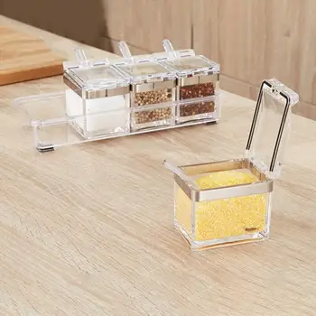 

Acrylic Four Grid Four In One Seasoning Box With Spoon Condiment Spice Organizer Kitchen Utensils Supplies Transparent Spice Box