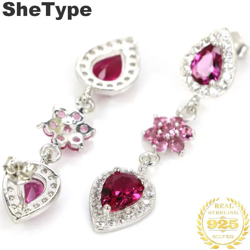 Серьги из серебра 5 4 пробы с розовым родолитом малины 40 х10 мм SheType 925