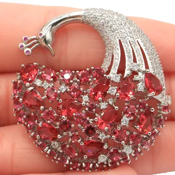 

43x42mm Big Size Heavy Peacock Shape Pink Raspberry Rhodolite Garnet Tourmaline CZ Silver Brooch