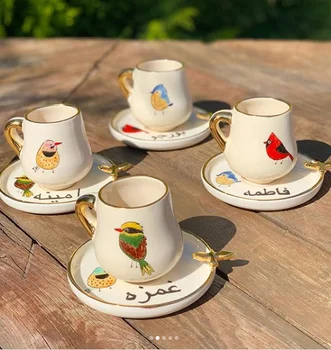 

Custom Handmade Real Gold Birds Set Turkish Coffee Espresso Cups 6 Pieces Cup And Plate