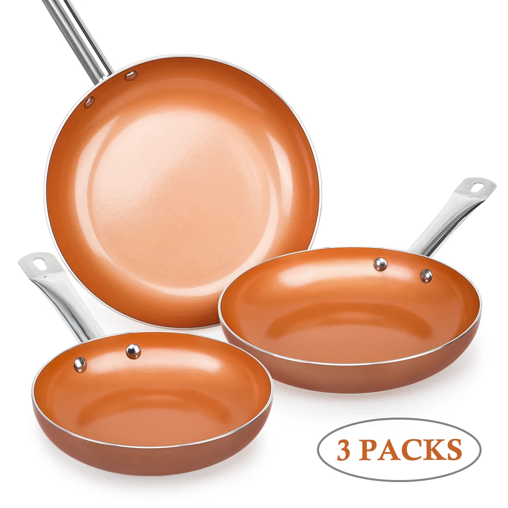 

3 Pcs Set Healthy Non Stick Copper Induction Bottom Frying Pan Kitchen Cookware Skillet