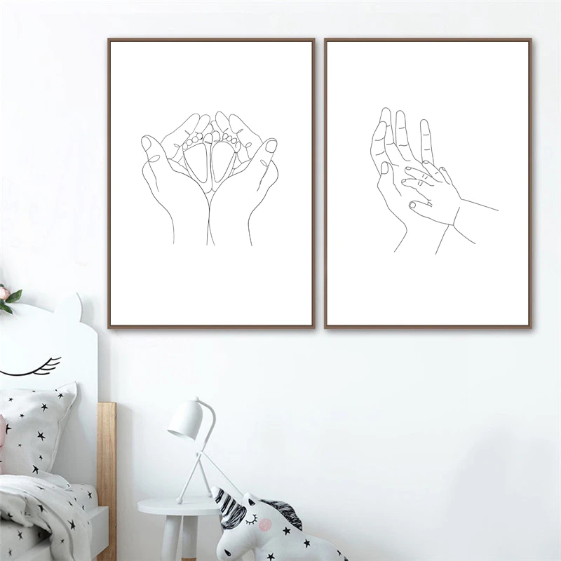 Dibujo De Lineas De Manos Y Pies De Bebe Poster Blanco Y Negro Con Impresiones De Arte Fino Para Manos Cuadro Sobre Lienzo Para Pared De Guarderia Pintura Y Caligrafia Aliexpress