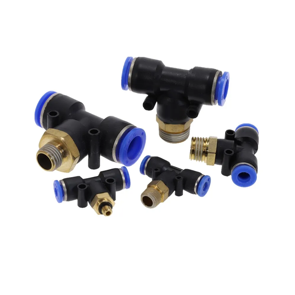 

10PC Pneumatic Fitting Air Connector T Shape Tee PB 4mm 6mm 8mm 10mm 12mm Hose Pipe M5 1/8" 1/4" 3/8" 1/2" Male Thread Coupler