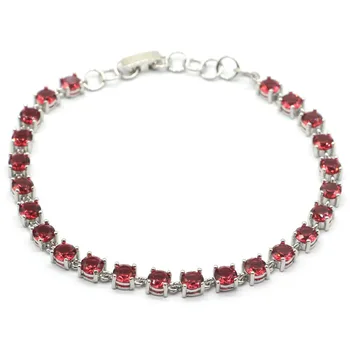 

5x5mm Deluxe SheCrown Created Pink Raspberry Rhodolite Garnet Gift Silver Bracelet 8.0-8.5inch