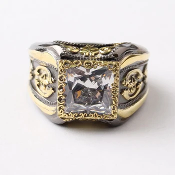 

Handmade Gold White Zircon Man Silver Ring, Square Zircon Silver Men Ring