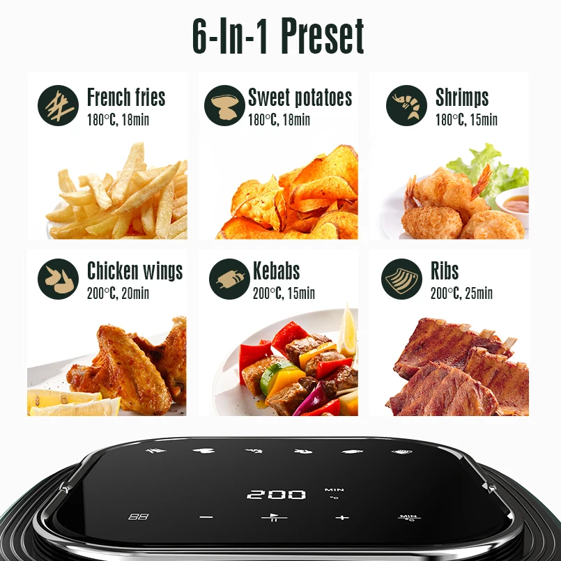 YAXIICASS 6L Electric Air Fryer 1400W Digital Air Frier LED Touchscreen Deep Fryer Without Oil 360° Baking Oven For Home Cooking