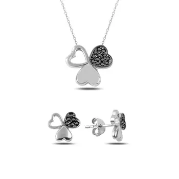 

Angemiel 925 Silver Black Zircon Stone Heart Clover Set-Rhodium Plated