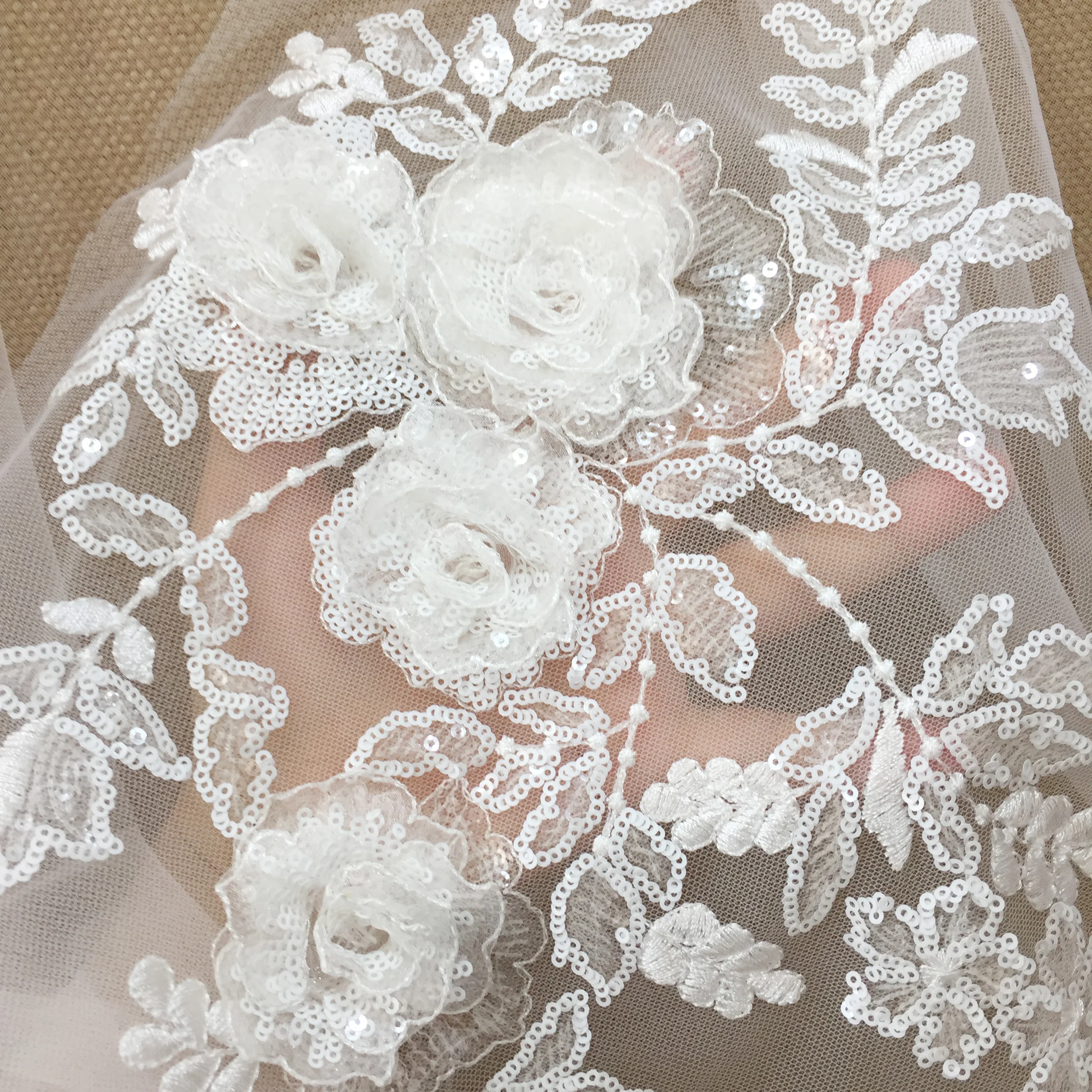 4 Pieces  Graceful 3D Lace Flower Applique , Dense Sequin Lace Motif for Dance Costumes Doll Dress Flower Girl Dress Craft DIY