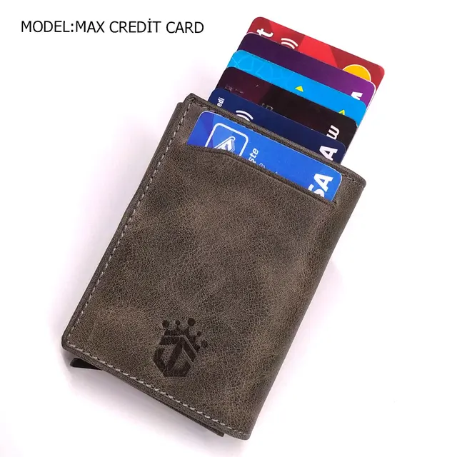 Smart Wallet Business Card Holder Real Cow Leather Handmade Smart Automatic Card Holder Men Gift Max Credit Card Grey