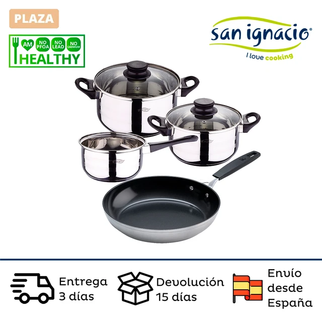 San Ignacio Batería de Cocina 5 Piezas Acero Inoxidable con Set 3  Utensilios de Silicona Y Madera